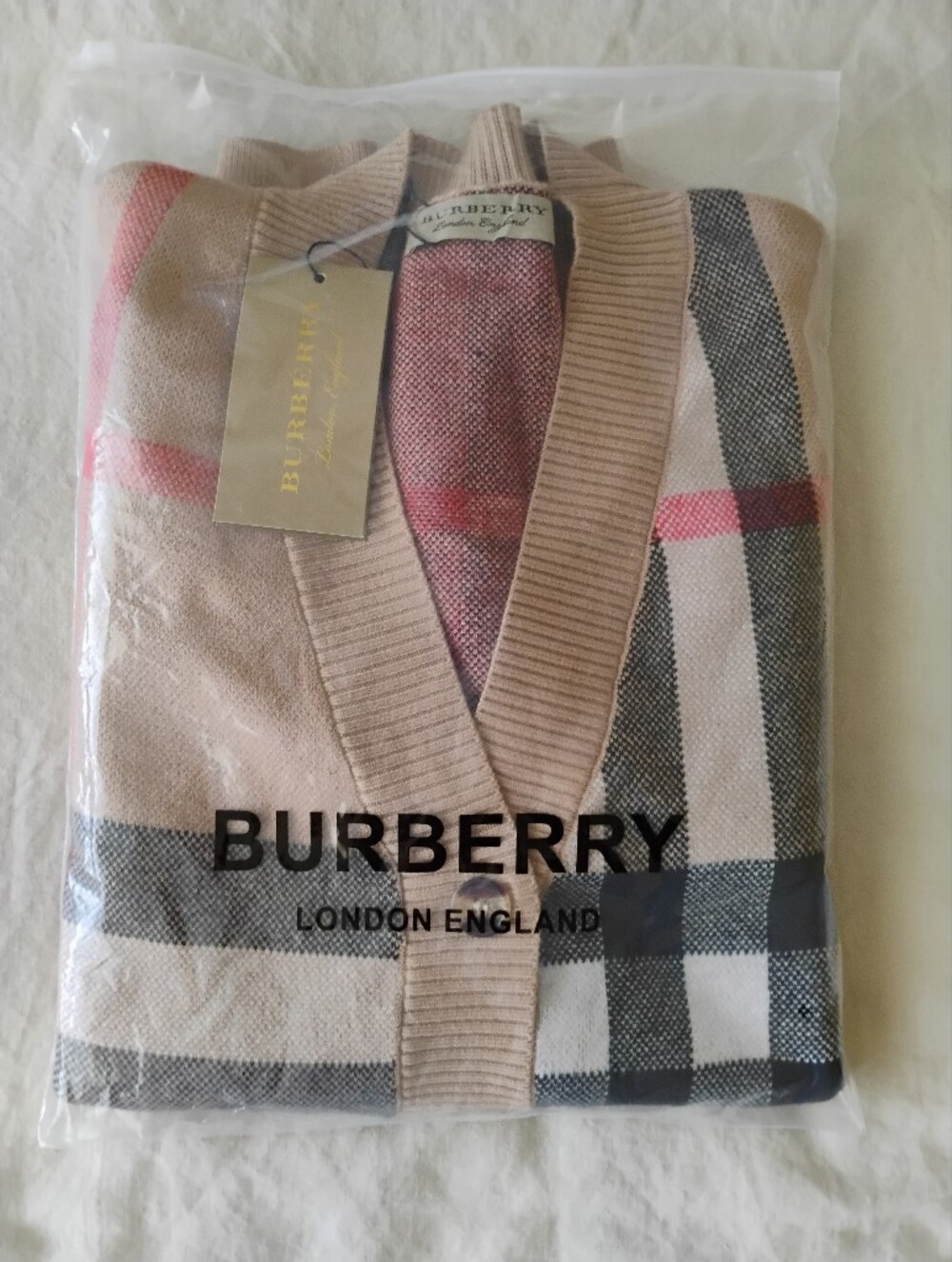 Beige Plaid V-Neck Button Cardigan with Red Accents - Picture 10 of 10